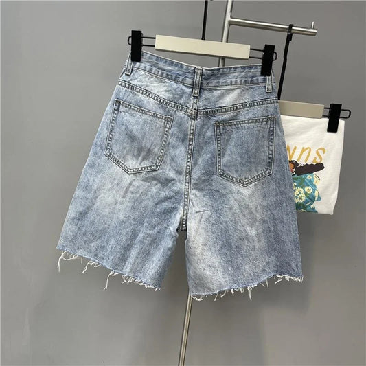 Summer Denim Shorts Women Tassel Sequin Beading Fashion Ripped Jeans Shorts High Waist Knee Length Pants Female