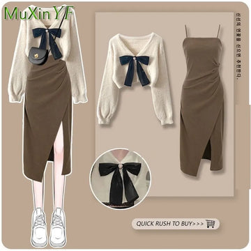 Autumn/Winter New Matching Set Women's Chic Knit Sweater Split Sling Skirt Two Piece Korean Elegant Bow Cardigan Dress Suit