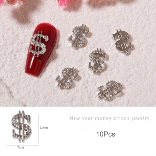 10pcs Gold Dollar Sign Nail Charm 3D Alloy Money Press On Nail Rhinestone Jewelry Luxury DIY Manicure Supplies