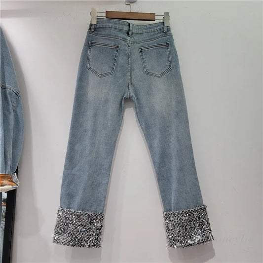 European Fashion Blue Jeans Woman Autumn and Winter New High Waist Straight Stitching Sequin Curling Ankle-Length Pants