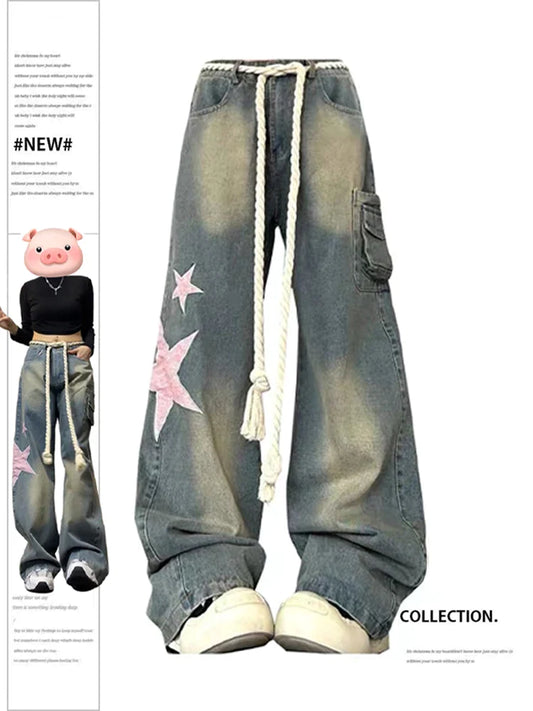Women Baggy Star Jeans Vintage Harajuku Oversize High Waist Denim Trouser Emo 2000s Y2k 90s Aesthetic Wide Pants Trashy Clothes