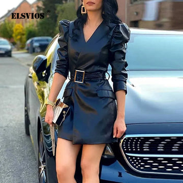Autumn Winter Lady Fashion PU Leather Short Dress New Solid Color Casual Long Sleeves Mid Waist Elegant Belt Slim Party Dresses