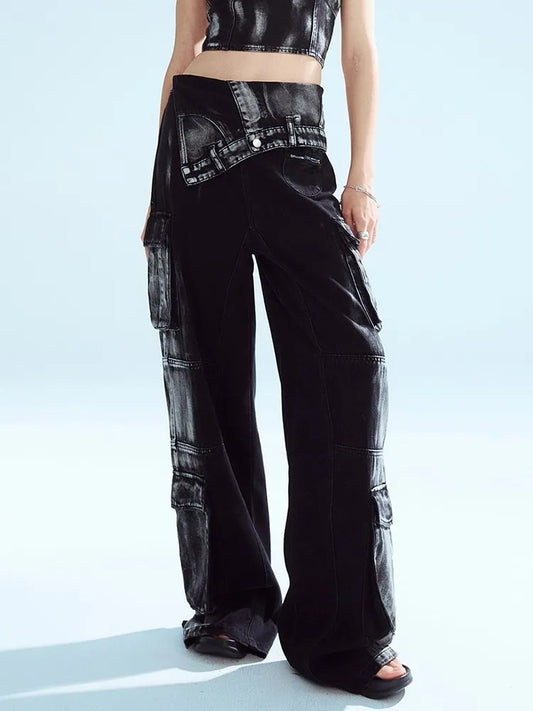 BPN Black Gothice Cargo Jeans For Women High Waist Patchwork Pockets Y2K Vintage Wide Leg Denim Pants Female Fashion Clothing