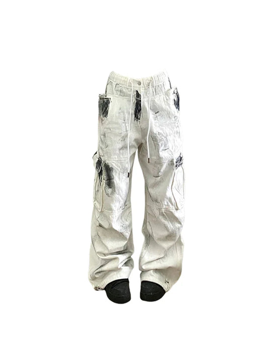 Women's White Cargo Jeans Y2k 90s Vintage High Waist Wide Leg Denim Trousers Harajuku Baggy Jean Pants 2000s Trashy Clothes