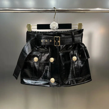 BORVEMAYS Black Stretch High Waist PU Leather Skirts Street Trend Temperament Solid Color Metal Button Zipper  Autumn WZ5282