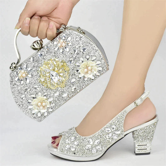 Nigerian Party Shoes with Bag Set Decorated with Rhinestone Shoes for Women Designer Luxury Wedding Shoes Bride