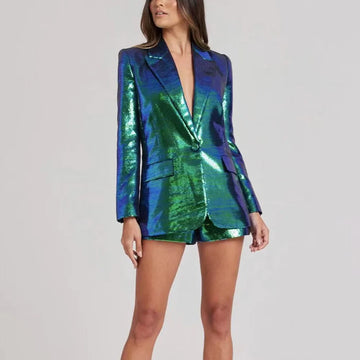 Eye-catching Occasion Wearing Women Clothing Shining Bling Gradient Color Dark Green Sequins 2PCS Blazers Shorts Sets