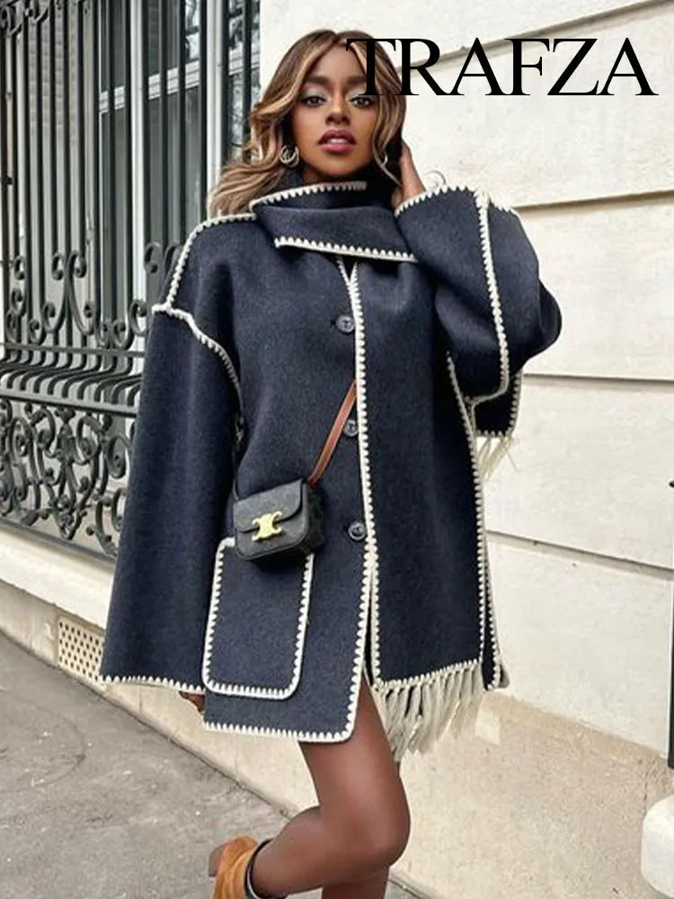 TRAFZA  Autumn Fashion Woman Black Crochet Scarf Coat O Neck Long Sleeve Button Straight Casual Vintage Female Cozy Coats