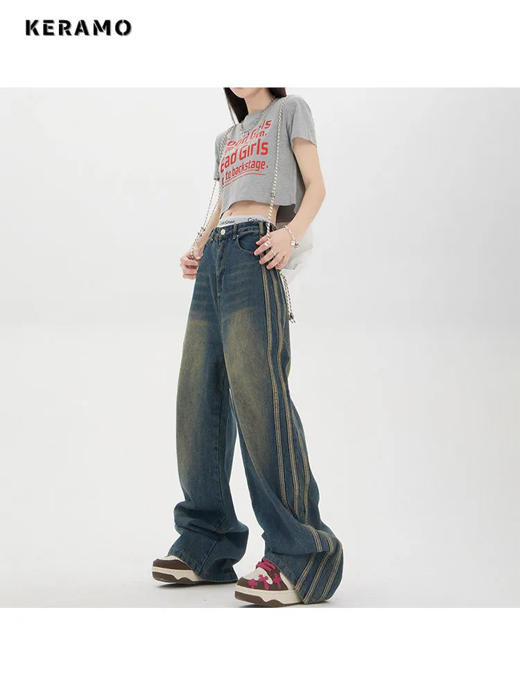 Korean Style Women's Vintage High Waist Streetwear Style Blue Jeans Pants Wide Leg Baggy Y2K Baggy Female Denim Trouser