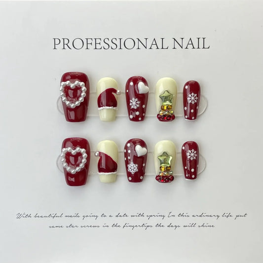 10pc Christmas designs press on acrylic nails short full cover red santa claus snowflake decorated handmade false nail with glue