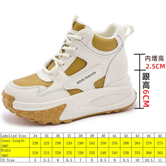 8.5cm Cow Leather Thick Soled Spring Platform Wedge Chunky Sneakers Women Autumn Fashion Hidden Heels Ladies Shoes