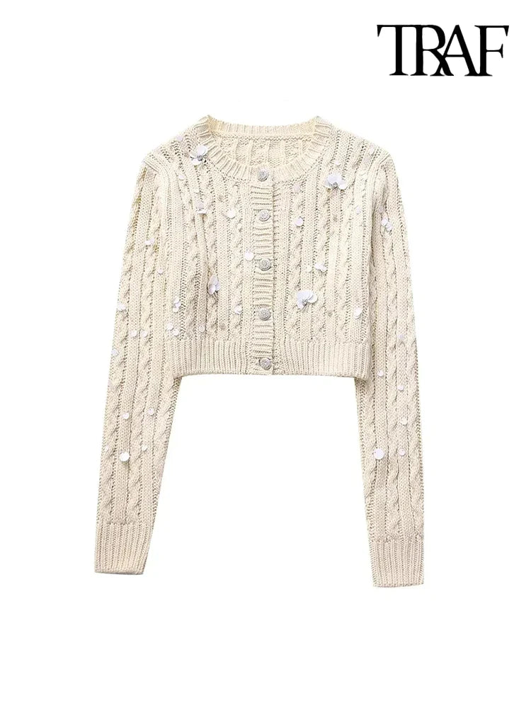 Women Fashion With Beading Cropped Knit Cardigan Sweater Vintage Long Sleeve Front Button Female Outerwear Chic Tops