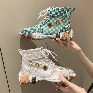 Women Casual Sneakers Luxury Designer Boots Rhinestone Diamond High-Top Thick Bottom Shoes Female Tennis Trainers Walking Shoes