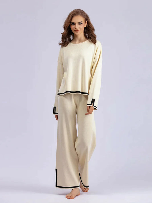 HLBCBG Knitted Women's Trousers Suit Two Piece Set Beige Winter Loose Long Sleeve Knitwear Flare Pants Sets Female Casual Suits