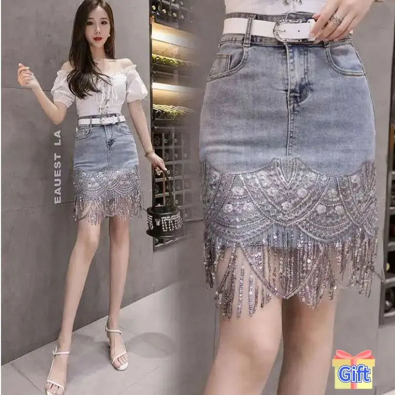 Denim Mini Skirt Women with Shorts Oblique Hem Tassel Summer 2024 Korean Fashion Streetwear Jean Skort Stylish Night Club Outfit