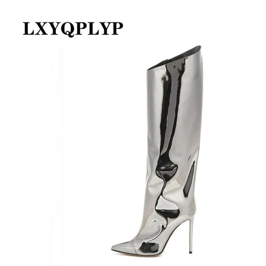 Thigh High Boots Candy Color Mirror Leather Women Knee High Boots High Heels Stilettos Runway Shoes for Women High Heel Boots