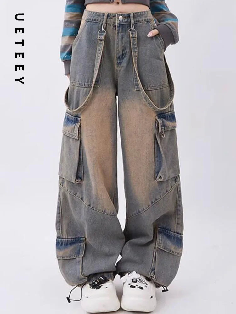 UETEEY American Retro Jeans Wide Leg Baggy Pants Streetwear Trousers Y2k Fashion  Spice Girls Denim Pants Straight Jeans