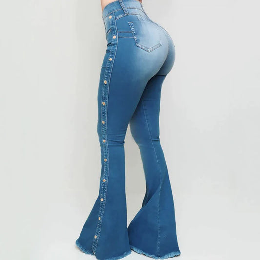 Plus Size Blue Washed Flare Denim Mom Jeans for Women Winter Spring Clothes Skinny Side Stripe High Waisted Sequined Pant Y2K