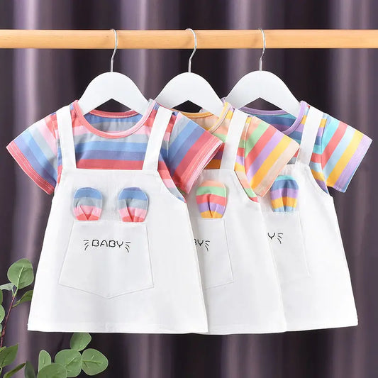1-5Y Baby Girl Dress Colorful Striped Cute Toddler Princess Dress Cotton Children Clothing Short Sleeve Kid Girl Outfit A1134