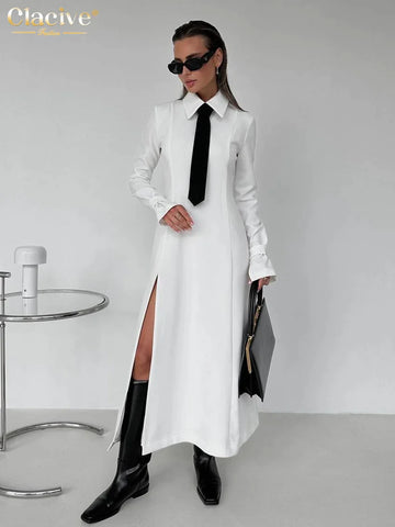 Fashion Slim White Office Dress Casual Lapel Long Sleeve Ankle Length Dress Elegant Classic Slit Dresses For Women 2024