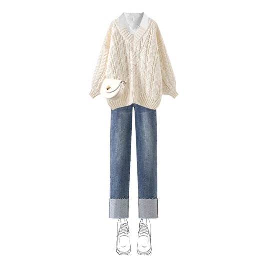 Autumn/Winter New Korean Elegant V-neck Knit Sweater+Shirt+Jeans Three Piece Women's Loose Pullover Denim Pant Matching Set