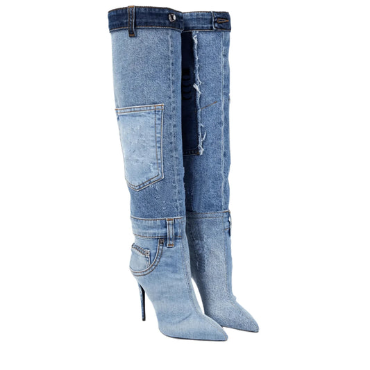YJXKJY Women Worn Washed Cloth Over The Knee Boots Sexy Ladies Dilapidated  Blue Denim Pocket Pointed Toe High Heels Party Shoes