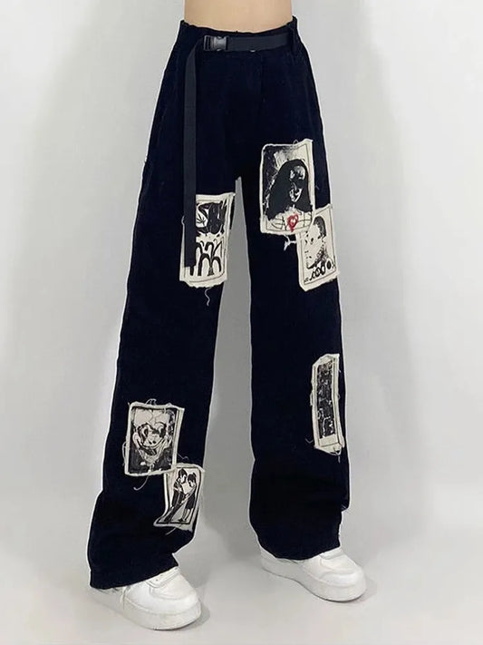 HOUZHOU Grunge Punk Patchwork Black Jeans Women Hip Hop Streetwear Print Oversize Wide Leg Trousers 90s Vintage Fashion Pants