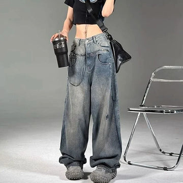 YOUYIDE Vintage Y2K Baggy Jeans Women's Korean Style Streetwear Grunge Oversized Denim Cargo Pants Hippie Harajuku Trousers