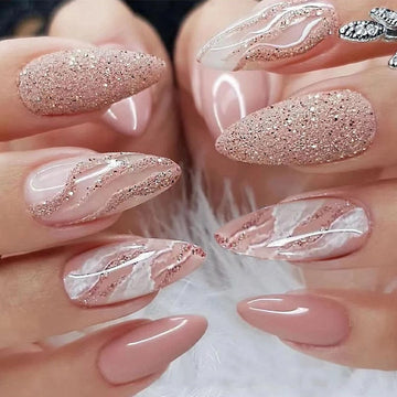 24pcs Nail Art Fake Nails with Glitter and Lines in Shape of Water Drop Square Press on False Nails With Glue and Wearing Tools