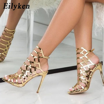 Design Golden Open Toe Thin Heels Women Sandals Designer Narrow Band Buckle Strap Gladiator Ladies Shoes Zapatos Mujer
