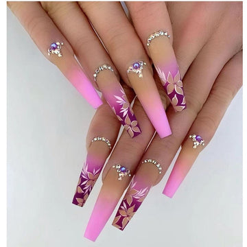 1Kit Gradient Ramp Purple Nail Tips Long Square Ballerina Luxury Nail Decoration With Rhinestones Home DIY Press On Coffin Nails