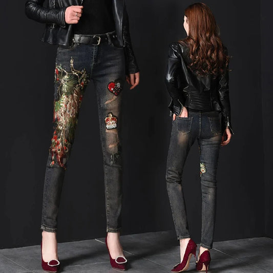 Spring Jeans Women Autumn Winter Ins Fashion Female Embroidery Sequins Phoenix Holes Slim Denim Pants Girls Ladies Clothes